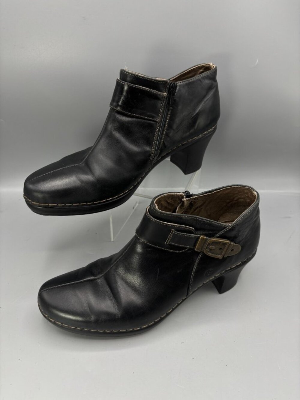 Josef Seibel Ankle Bootie Womens 9 Black Leather Block Heel Round Toe Side Zip